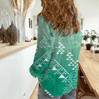 Hawaii Jade Green Kapa Women Casual Shirt Vintage 'Ohe Kāpala Motifs Mix Plumeria Leis