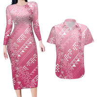 Hawaii Rose Pink Kapa Couples Matching Long Sleeve Bodycon Dress and Hawaiian Shirt Vintage 'Ohe Kāpala Motifs Mix Plumeria Leis