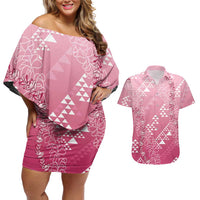 Hawaii Rose Pink Kapa Couples Matching Off Shoulder Short Dress and Hawaiian Shirt Vintage 'Ohe Kāpala Motifs Mix Plumeria Leis