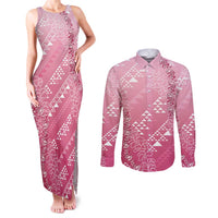 Hawaii Rose Pink Kapa Couples Matching Tank Maxi Dress and Long Sleeve Button Shirt Vintage 'Ohe Kāpala Motifs Mix Plumeria Leis