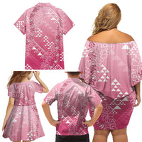 Hawaii Rose Pink Kapa Family Matching Off Shoulder Short Dress and Hawaiian Shirt Vintage 'Ohe Kāpala Motifs Mix Plumeria Leis