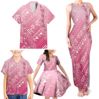 Hawaii Rose Pink Kapa Family Matching Tank Maxi Dress and Hawaiian Shirt Vintage 'Ohe Kāpala Motifs Mix Plumeria Leis