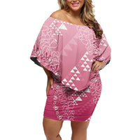 Hawaii Rose Pink Kapa Off Shoulder Short Dress Vintage 'Ohe Kāpala Motifs Mix Plumeria Leis