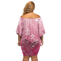 Hawaii Rose Pink Kapa Off Shoulder Short Dress Vintage 'Ohe Kāpala Motifs Mix Plumeria Leis