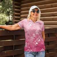 Hawaii Rose Pink Kapa Women Polo Shirt Vintage 'Ohe Kāpala Motifs Mix Plumeria Leis