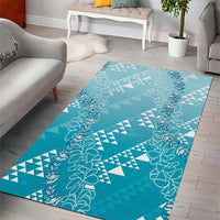 Hawaii Turquoise Kapa Area Rug Vintage 'Ohe Kāpala Motifs Mix Plumeria Leis