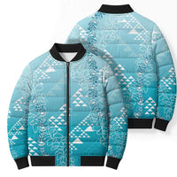Hawaii Turquoise Kapa Bomber Puffer Jacket Vintage 'Ohe Kāpala Motifs Mix Plumeria Leis LT7 - Polynesian Pride