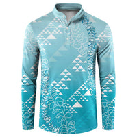 Hawaii Turquoise Kapa Button Sweatshirt Vintage 'Ohe Kāpala Motifs Mix Plumeria Leis LT7 Turquoise - Polynesian Pride