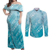 Hawaii Turquoise Kapa Couples Matching Off Shoulder Maxi Dress and Long Sleeve Button Shirt Vintage 'Ohe Kāpala Motifs Mix Plumeria Leis