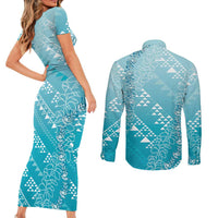 Hawaii Turquoise Kapa Couples Matching Short Sleeve Bodycon Dress and Long Sleeve Button Shirt Vintage 'Ohe Kāpala Motifs Mix Plumeria Leis