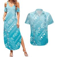 Hawaii Turquoise Kapa Couples Matching Summer Maxi Dress and Hawaiian Shirt Vintage 'Ohe Kāpala Motifs Mix Plumeria Leis
