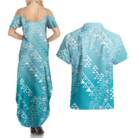 Hawaii Turquoise Kapa Couples Matching Summer Maxi Dress and Hawaiian Shirt Vintage 'Ohe Kāpala Motifs Mix Plumeria Leis