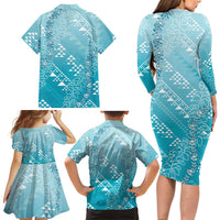 Hawaii Turquoise Kapa Family Matching Long Sleeve Bodycon Dress and Hawaiian Shirt Vintage 'Ohe Kāpala Motifs Mix Plumeria Leis