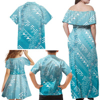 Hawaii Turquoise Kapa Family Matching Off Shoulder Maxi Dress and Hawaiian Shirt Vintage 'Ohe Kāpala Motifs Mix Plumeria Leis