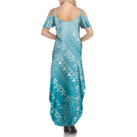 Hawaii Turquoise Kapa Family Matching Summer Maxi Dress and Hawaiian Shirt Vintage 'Ohe Kāpala Motifs Mix Plumeria Leis