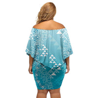 Hawaii Turquoise Kapa Off Shoulder Short Dress Vintage 'Ohe Kāpala Motifs Mix Plumeria Leis