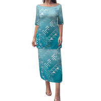 Hawaii Turquoise Kapa Puletasi Vintage 'Ohe Kāpala Motifs Mix Plumeria Leis LT7 Long Dress Turquoise - Polynesian Pride
