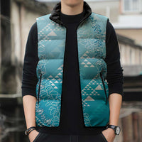 Hawaii Turquoise Kapa Sleeveless Puffer Jacket Vintage 'Ohe Kāpala Motifs Mix Plumeria Leis