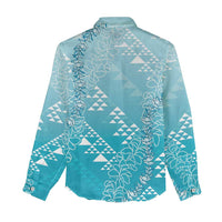 Hawaii Turquoise Kapa Women Casual Shirt Vintage 'Ohe Kāpala Motifs Mix Plumeria Leis