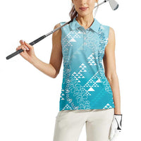 Hawaii Turquoise Kapa Women Sleeveless Polo Shirt Vintage 'Ohe Kāpala Motifs Mix Plumeria Leis