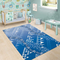 Hawaii Royal Blue Kapa Area Rug Vintage 'Ohe Kāpala Motifs Mix Plumeria Leis