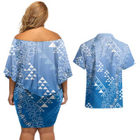 Hawaii Royal Blue Kapa Couples Matching Off Shoulder Short Dress and Hawaiian Shirt Vintage 'Ohe Kāpala Motifs Mix Plumeria Leis