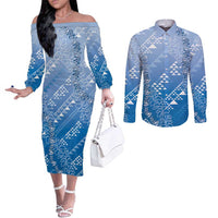 Hawaii Royal Blue Kapa Couples Matching Off The Shoulder Long Sleeve Dress and Long Sleeve Button Shirt Vintage 'Ohe Kāpala Motifs Mix Plumeria Leis