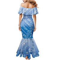 Hawaii Royal Blue Kapa Family Matching Mermaid Dress and Hawaiian Shirt Vintage 'Ohe Kāpala Motifs Mix Plumeria Leis