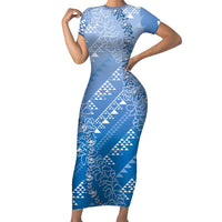 Hawaii Royal Blue Kapa Family Matching Short Sleeve Bodycon Dress and Hawaiian Shirt Vintage 'Ohe Kāpala Motifs Mix Plumeria Leis