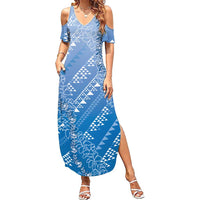 Hawaii Royal Blue Kapa Family Matching Summer Maxi Dress and Hawaiian Shirt Vintage 'Ohe Kāpala Motifs Mix Plumeria Leis