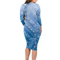 Hawaii Royal Blue Kapa Long Sleeve Bodycon Dress Vintage 'Ohe Kāpala Motifs Mix Plumeria Leis