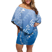 Hawaii Royal Blue Kapa Off Shoulder Short Dress Vintage 'Ohe Kāpala Motifs Mix Plumeria Leis