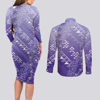 Hawaii Lavender Kapa Couples Matching Long Sleeve Bodycon Dress and Long Sleeve Button Shirt Vintage 'Ohe Kāpala Motifs Mix Plumeria Leis