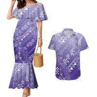 Hawaii Lavender Kapa Couples Matching Mermaid Dress and Hawaiian Shirt Vintage 'Ohe Kāpala Motifs Mix Plumeria Leis