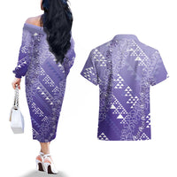 Hawaii Lavender Kapa Couples Matching Off The Shoulder Long Sleeve Dress and Hawaiian Shirt Vintage 'Ohe Kāpala Motifs Mix Plumeria Leis