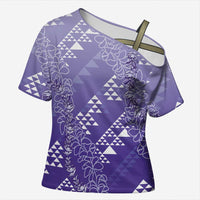 Hawaii Lavender Kapa Cross Shoulder Shirt Vintage 'Ohe Kāpala Motifs Mix Plumeria Leis LT7 Female Lavender - Polynesian Pride