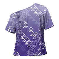 Hawaii Lavender Kapa Cross Shoulder Shirt Vintage 'Ohe Kāpala Motifs Mix Plumeria Leis LT7 - Polynesian Pride