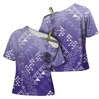 Hawaii Lavender Kapa Cross Shoulder Shirt Vintage 'Ohe Kāpala Motifs Mix Plumeria Leis LT7 - Polynesian Pride