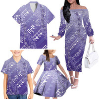 Hawaii Lavender Kapa Family Matching Off The Shoulder Long Sleeve Dress and Hawaiian Shirt Vintage 'Ohe Kāpala Motifs Mix Plumeria Leis