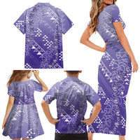 Hawaii Lavender Kapa Family Matching Short Sleeve Bodycon Dress and Hawaiian Shirt Vintage 'Ohe Kāpala Motifs Mix Plumeria Leis