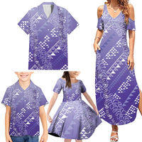 Hawaii Lavender Kapa Family Matching Summer Maxi Dress and Hawaiian Shirt Vintage 'Ohe Kāpala Motifs Mix Plumeria Leis