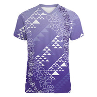 Hawaii Lavender Kapa Women V-Neck T-Shirt Vintage 'Ohe Kāpala Motifs Mix Plumeria Leis