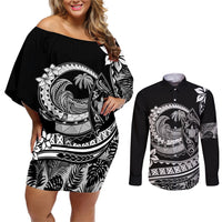 Polynesian Plumeria Couples Matching Off Shoulder Short Dress and Long Sleeve Button Shirts Ride The Waves - Black LT7 Black - Polynesian Pride
