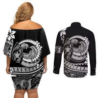 Polynesian Plumeria Couples Matching Off Shoulder Short Dress and Long Sleeve Button Shirts Ride The Waves - Black LT7 - Polynesian Pride