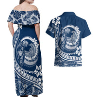 Polynesian Plumeria Couples Matching Off Shoulder Maxi Dress and Hawaiian Shirt Ride The Waves - Navy Blue LT7 - Polynesian Pride