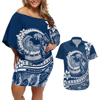 Polynesian Plumeria Couples Matching Off Shoulder Short Dress and Hawaiian Shirt Ride The Waves - Navy Blue LT7 Navy Blue - Polynesian Pride