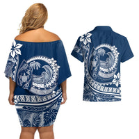 Polynesian Plumeria Couples Matching Off Shoulder Short Dress and Hawaiian Shirt Ride The Waves - Navy Blue LT7 - Polynesian Pride