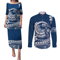 Polynesian Plumeria Couples Matching Puletasi Dress and Long Sleeve Button Shirts Ride The Waves - Navy Blue LT7 Navy Blue - Polynesian Pride
