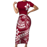 Polynesian Plumeria Short Sleeve Bodycon Dress Ride The Waves - Burgundy LT7 Long Dress Burgundy - Polynesian Pride