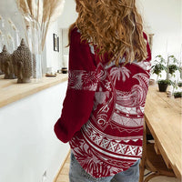 Polynesian Plumeria Women Casual Shirt Ride The Waves - Burgundy LT7 - Polynesian Pride